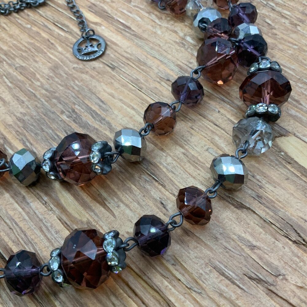 Crown Trifari Double Strands AB Glass Crystal Beads Gunmetal Chain Necklace